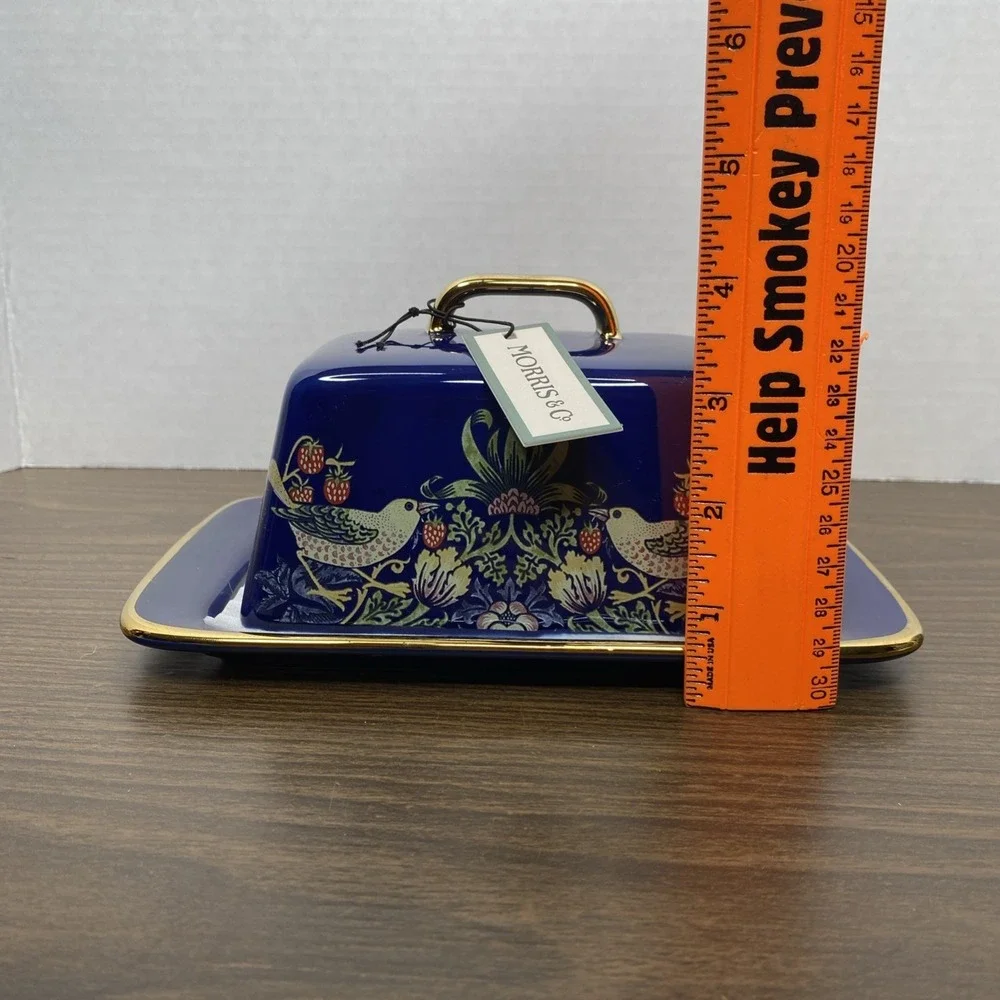 NWT William Morris & Co Strawberry Thief Butter Dish Blue with Gold Trim